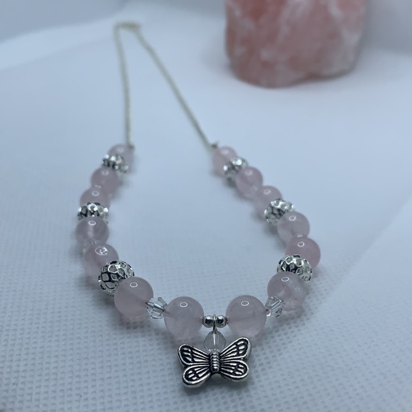 Handmade Rose Quartz Semiprecious Stone Silver Plated Necklace Butterfly Charm - Picture 3 of 4